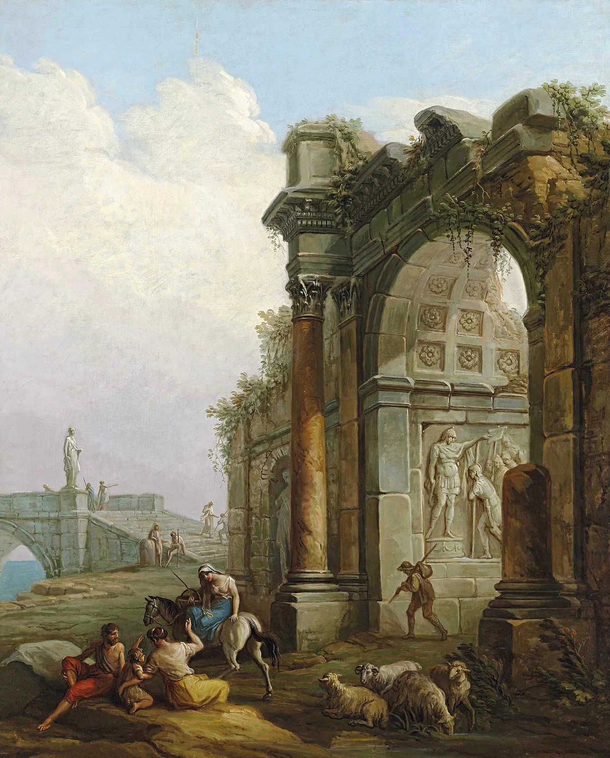 Un arco trionfale in rovina con figure